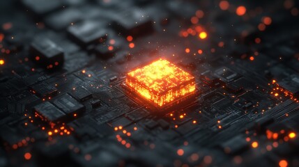 Glowing cubes radiate bright light on a circuit board filled with intricate patterns