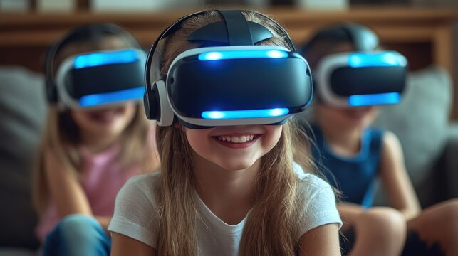 Kids immerse themselves in a virtual reality game, smiling and laughing together in a living room