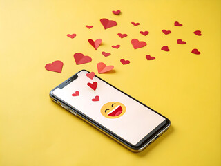 hearts flying out smartphone in yellow background