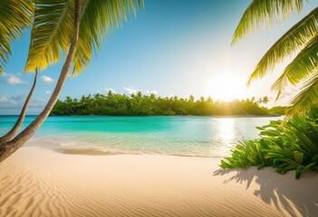 Fototapeta premium lush green palm leaves adorn serene inviting beach scene under clear blue sky, sea, water, sand, horizon, sunshine, wave, tropical, coconut, dune