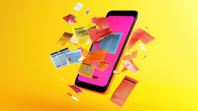 A vibrant smartphone emits colorful digital papers against a yellow background, symbolizing technology, communication, and digital information flow