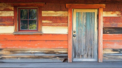 Rustic Wooden Cabin Exterior With Window And Door