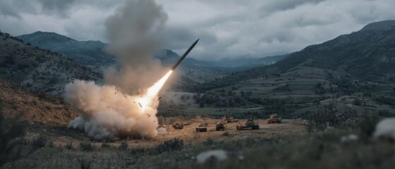 A missile launches skyward from a rugged landscape, trailing thick smoke and illuminating the clouded sky with its fiery ascent.