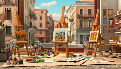 Fototapeta premium Artist's Studio with Three Easels and Cityscape Paintings