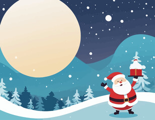 Merry christmas and happy new year greeting card with snow product display cylindrical shape copy-space and cute funny Santa Claus character in winter christmas landscape snow falling