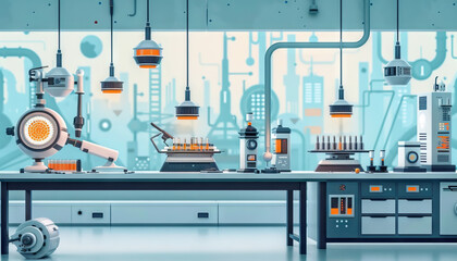 Futuristic Laboratory Interior with Robotic Equipment and Test Tubes