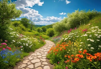 Obraz premium vibrant nature trail embellished scenic roadway surrounded lush greenery bright flora clear blue sky, adventure, exploration, tranquility, landscapes