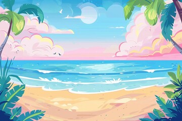 Fototapeta premium Tropical Beach Scene with Palm Trees and Blue Ocean