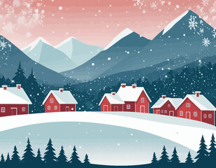Merry Christmas and happy new year greeting card banner background with winter Christmas landscape snow falling at red village in forest among mountains