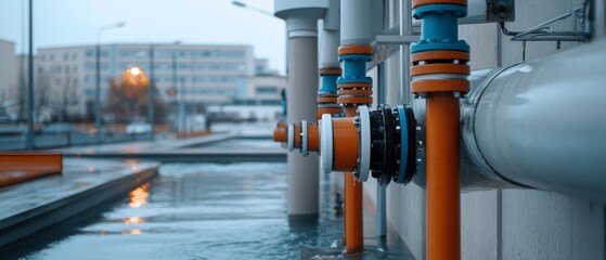 Industrial pipes and valves surrounded by floodwater highlight the sturdiness of modern infrastructure against nature's relentless challenges.