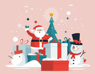 Merry christmas poster banner background template with surprise opened box santa claus and snow man and gift box