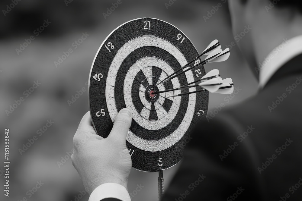 Poster a polished professional confidently displays a target board with arrows hitting the bullseye, symbol