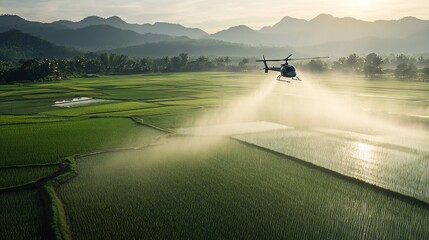 Fototapeta premium Helicopter spraying rice paddy fields at sunrise. (2)