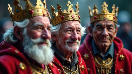 Fototapeta premium Three smiling men, dressed as the Three Wise Men, wear ornate gold crowns and rich red robes, celebrating Epiphany. Concept of Three Kings Day, Epiphany, and the traditional celebration.