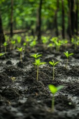 New seedlings sprouting in dark soil, forest background.