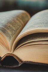 Fototapeta premium Aged book pages, open, revealing text.