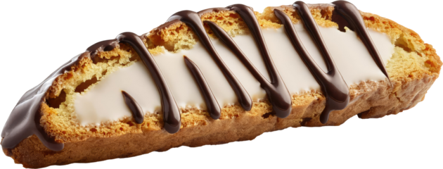 A sweet biscotti featuring a creamy icing and drizzled with rich chocolate.
