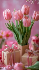 Fototapeta premium Pink tulips and gift boxes create a vibrant spring arrangement for celebrations