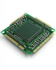 Close-up of a green circuit board with a central microchip. (1)