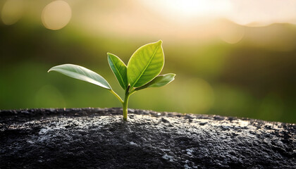 Green sprout growing in stone slab - rebirth, revival, resilience and new life concept