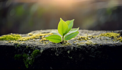 Green sprout growing in stone slab - rebirth, revival, resilience and new life concept