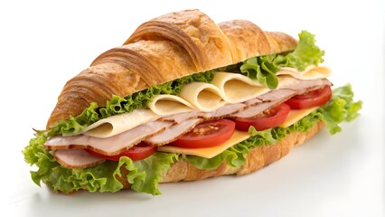 A croissant cut in half and filled with fresh lettuce, sliced turkey, tomatoes, and cheese
