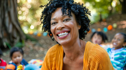 Smiling middle-aged African American woman outdoors with children in vibrant park setting. Concept of joy, family bonding, outdoor activities, positive energy, community gathering, childcare worker