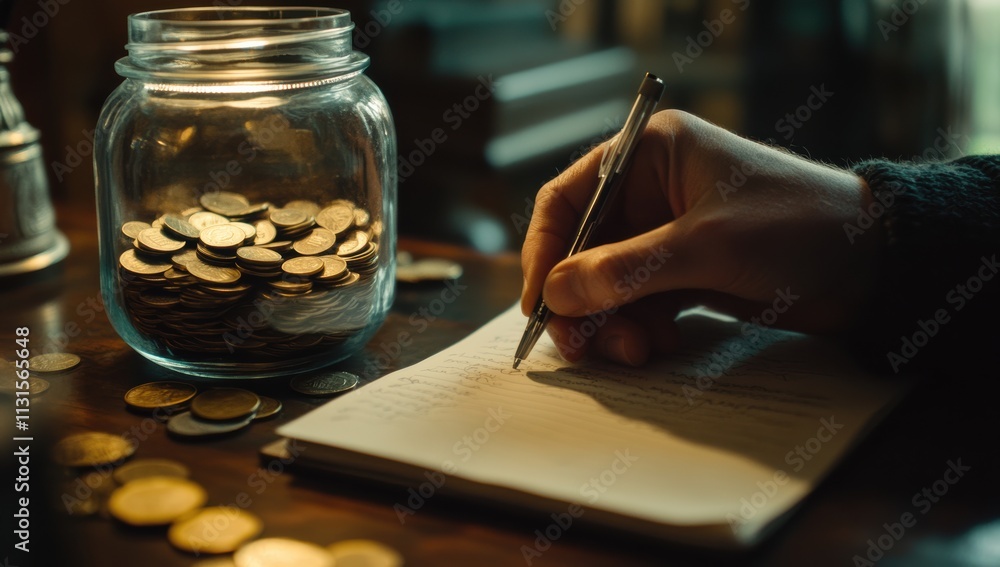 Poster a person writes in a beautiful notebook beside a jar of coins on a rustic table, symbolizing goal se