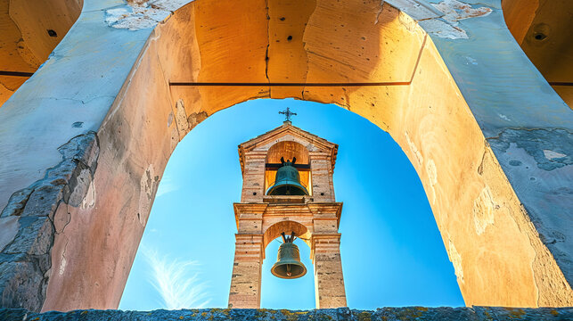 Architecture of a Historic Church Bell Tower Framed by Stone Arches. Concept of Religious Landmarks, Heritage Structures, Spiritual Sites, Old Building Design