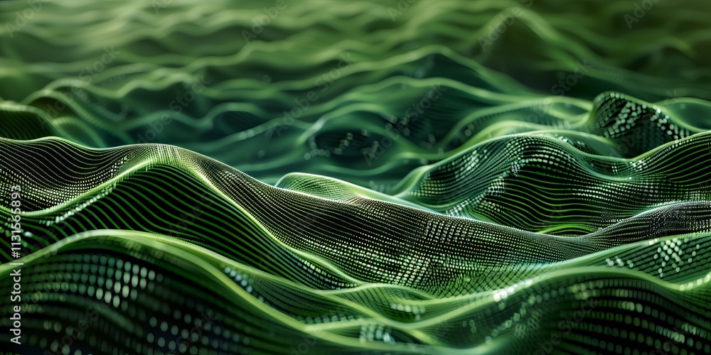 Fototapete abstract green wave flow with dotted texture on dark background. concept of digital technology, mode