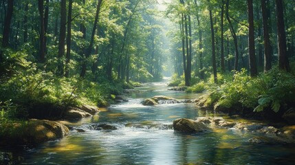 Obraz premium Sunlit stream flows through lush green forest.