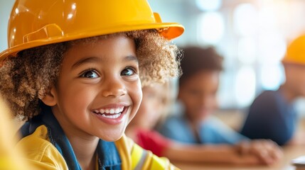 Awareness Promote Community Safety concept. Engaging Children in Fire Safety Education with Safety Gear and Smiles at Classroom Activity