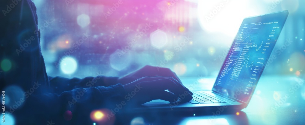 Aufkleber A dedicated individual is focused on goal setting and selfimprovement while working on a sleek laptop, surrounded by a dreamy bokeh effect symbolizing clarity and enhanced productivity