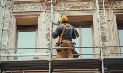 Worker repairs ornate building facade, scaffolding.