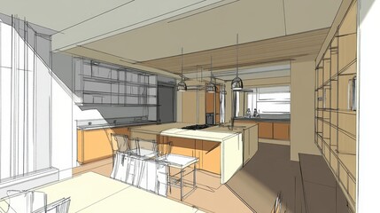 Modern Kitchen Design Architectural Sketch Showing Island and Cabinets