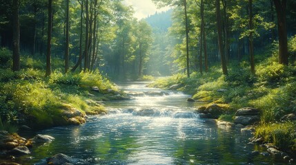 Fototapeta premium Sunlit stream flows through lush green forest.