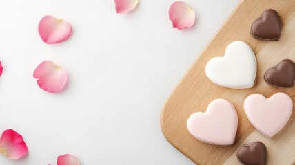 Fototapeta premium Heart-shaped dry yogurt desserts with rose petals on wooden board for valentine's day inspiration