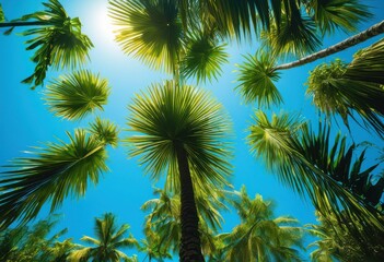 Fototapeta premium vibrant lush palm foliage set bright blue sky truly tropical look, leaves, green, plant, tree, canopy, sunlight, shadows, outdoor, nature, exotic, paradise