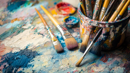 Fototapeta premium Creative artist, gallery or workshop with paint brush and canvas for passion, talent and color play. Male person, acrylic or equipment for expression in art studio with palette for hobby and design