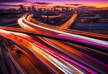 vibrant highway scene capturing blurred motion artifacts fast paced vehicles lively thoroughfare dusk, automobiles, cars, highways, roads, expressways