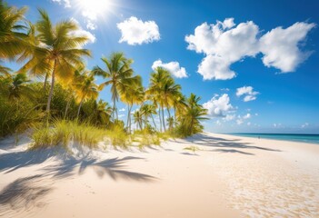 Obraz premium vibrant palm trees delicately casting shadows soft beach sand under bright blue sky, sunny, landscape, tropical, coast, relaxation, scenery, vacation