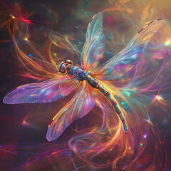 Vivid digital art of a colorful dragonfly amidst glowing ethereal lights