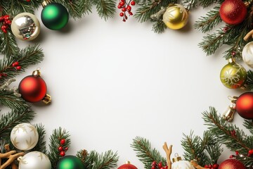 Moldura de natal com galhos de pinheiro, bolas coloridas e pinhas, sobre fundo branco, criada com IA generativa.