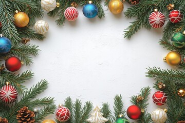 Moldura de natal com galhos de pinheiro, bolas coloridas e pinhas, sobre fundo branco, criada com IA generativa.