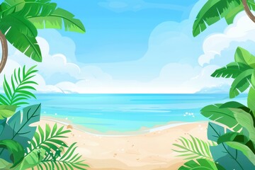 Obraz premium Tropical Beach Scene with Lush Green Palm Trees and Blue Ocean
