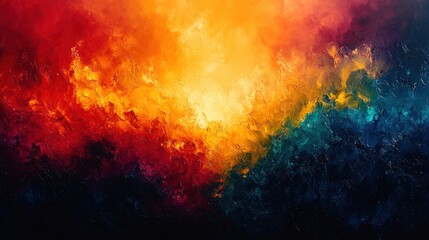 Abstract impasto painting; fiery, dark blues, gold.