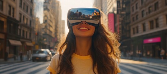 Obraz premium Young woman explores city street while wearing virtual reality headset in afternoon light