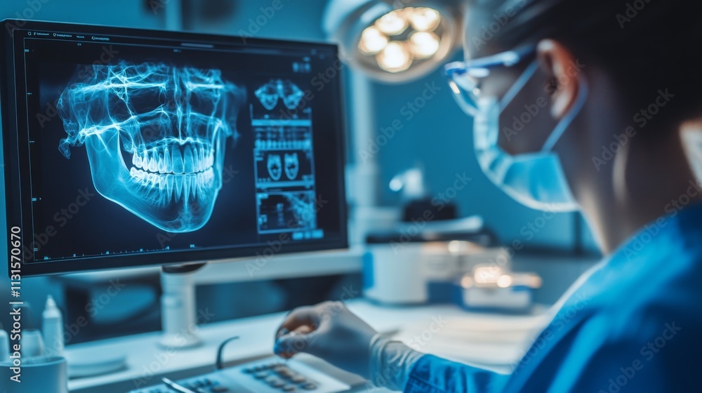Poster a dental professional closely examines digital x-ray images of a patient's jaw and teeth on a comput