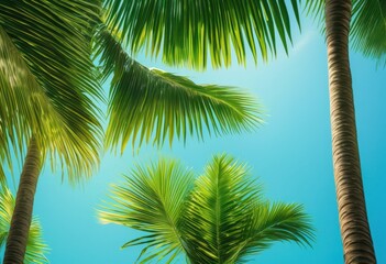 Fototapeta premium close view lush green palm leaves highlighted clear blue sky creating tropical atmosphere, azure, botanical, burst, cheerful, coastal, colorful