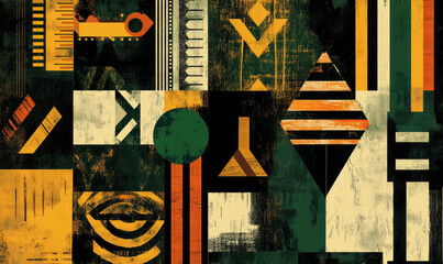 african abstract geometric pattern with textured shapes in green and orange tones on black background